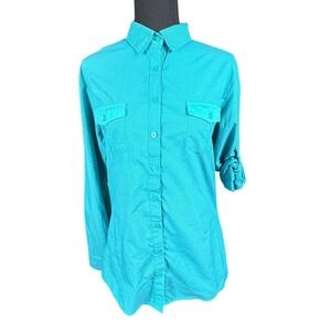 Kuhl womens Medium Teal Button Up Long Sleeve Shirt Roll Tab Chest Pocket